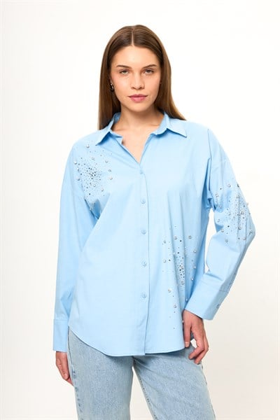 Önü ve Kolu Taşlı Poplin Gömlek