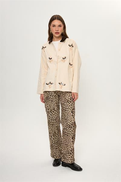 Kadife Yakalı Nakışlı Pamuklu Ceket