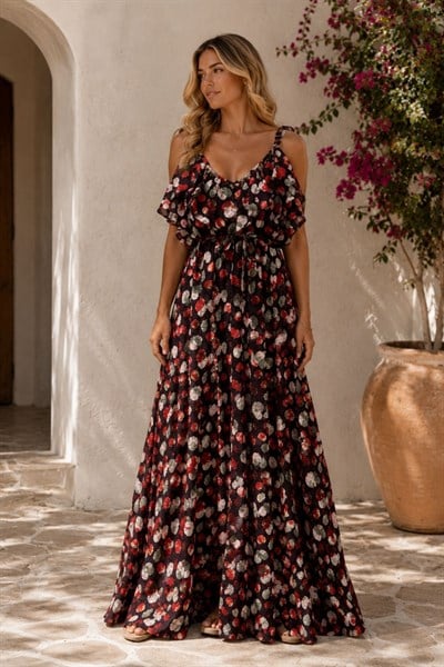 Kiraz Baskılı Fırfırlı Elbise