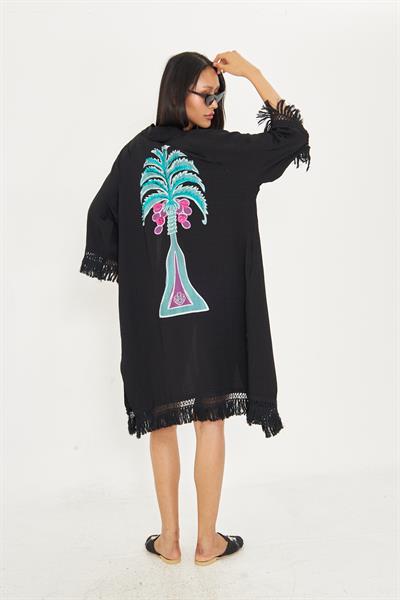 Palmiye Baskılı Püsküllü Kimono