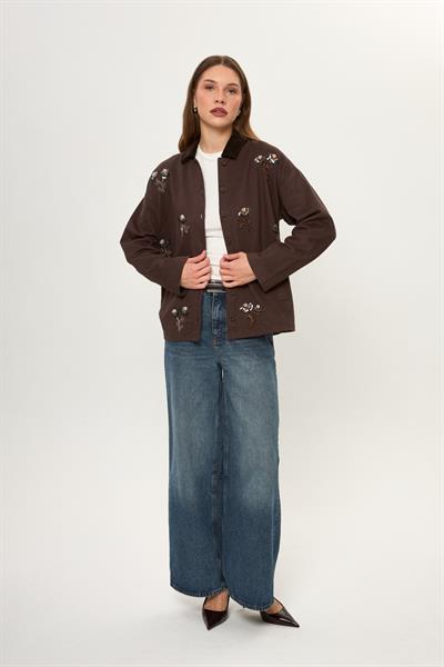 Kadife Yakalı Nakışlı Pamuklu Ceket