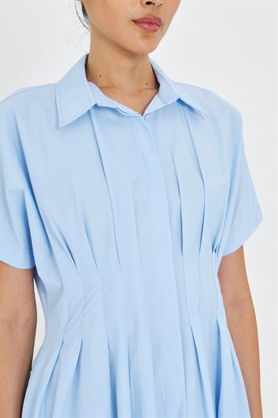 Pileli Gömlek Yaka Poplin Elbise