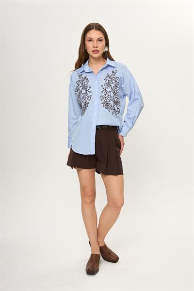 Nakışlı Çizgili Poplin Gömlek