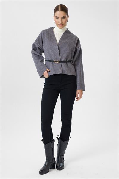 Deri Kemerli Kaşe Kimono