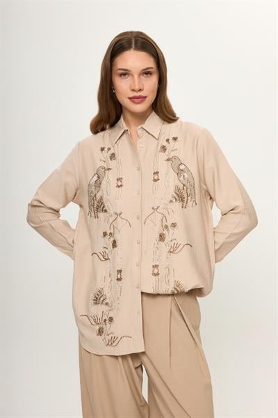 Kuş ve Çiçek Boncuk İşlemeli Oversize Gömlek