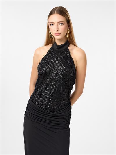 Halter Yaka Drape Boncuklu Elbise