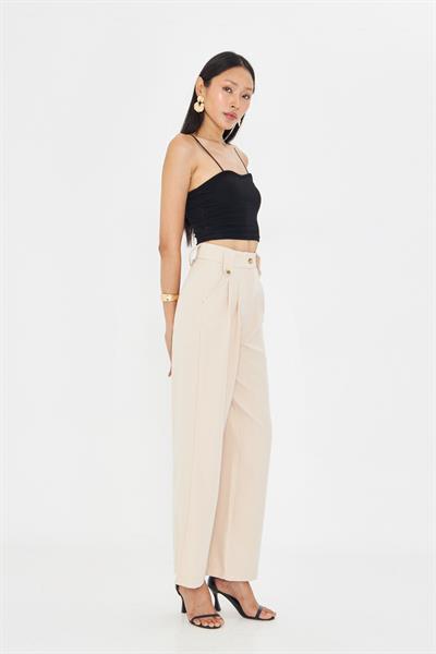 Kemeri Düğme Detaylı Atlas Pantolon - Taş