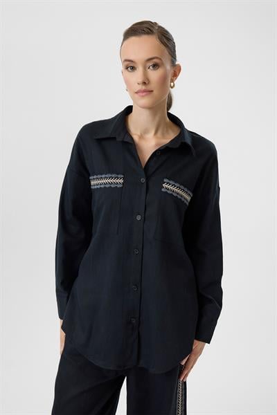 Nakışlı Keten Karışımlı Gömlek