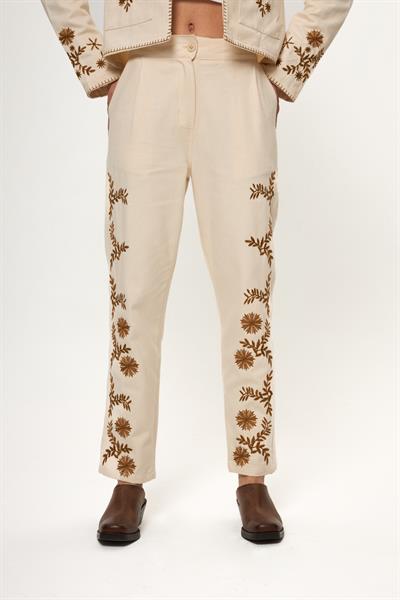 Bej %100 Pamuk Etnik Nakışlı Kadın Pantolon