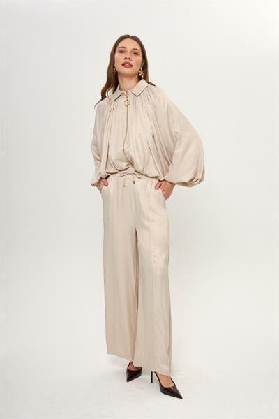 Önü Çimalı Saten Pantolon