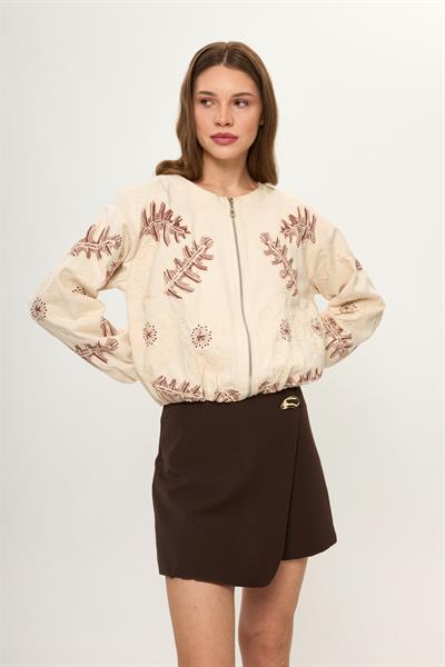 Bej %100 Pamuk Nakış İşlemeli Kadın Bomber Ceket
