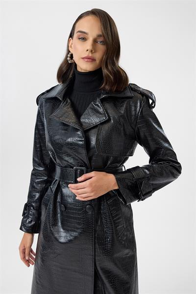 Timsah Derisi Desenli Uzun Trençkot