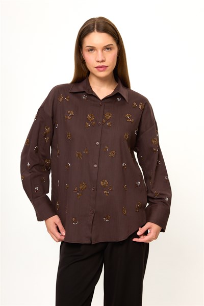 Boncuk İşlemeli Gabardin Gömlek