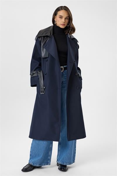 Deri Detaylı Uzun Trençkot