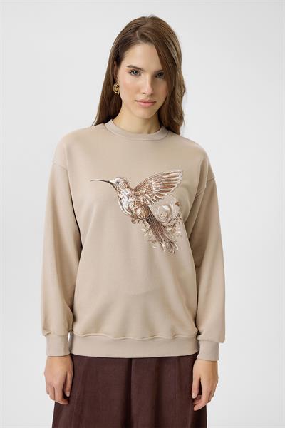 Kuş Baskılı Nakışlı Sweatshirt