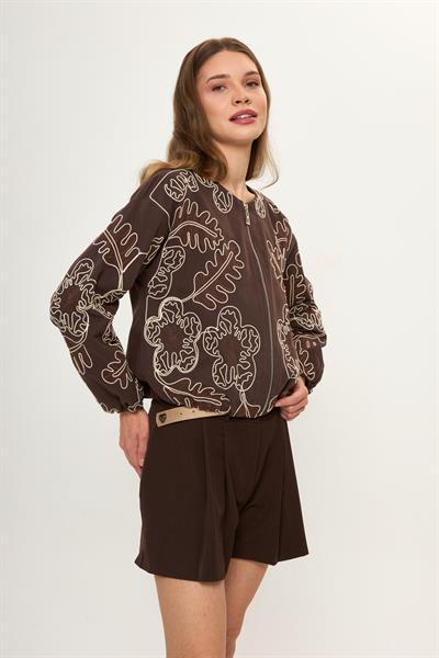 Kahve %100 Pamuk Nakış İşlemeli Kadın Bomber Ceket
