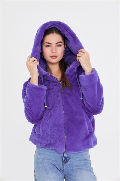 Etek Ucu Lastikli Kapüşonlu Peluş Mont 