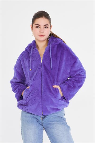 Etek Ucu Lastikli Kapüşonlu Peluş Mont 