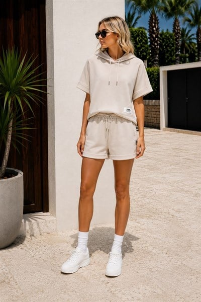 Kapüşonlu Kısa Kol Modal Sweatshirt