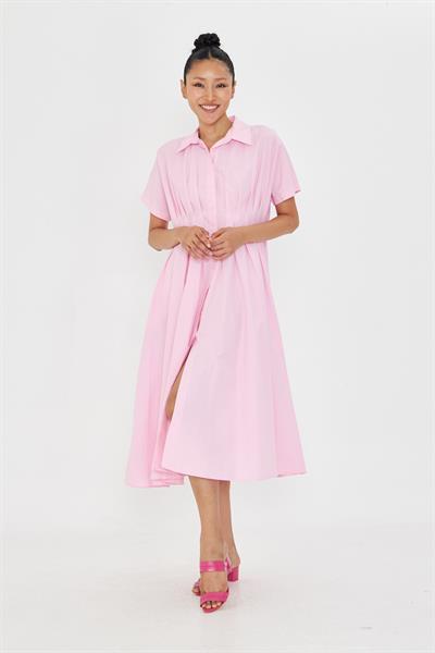 Pileli Gömlek Yaka Poplin Elbise