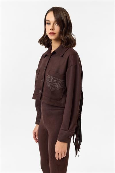 Püsküllü Nakışlı Süet Gömlek