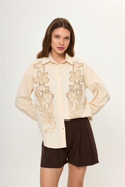 Bej %100 Pamuk Nakışlı Balıksırtı Desenli Kadın Gömlek