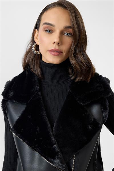 Kruvaze Yaka Fermuarlı Deri Peluş Yelek