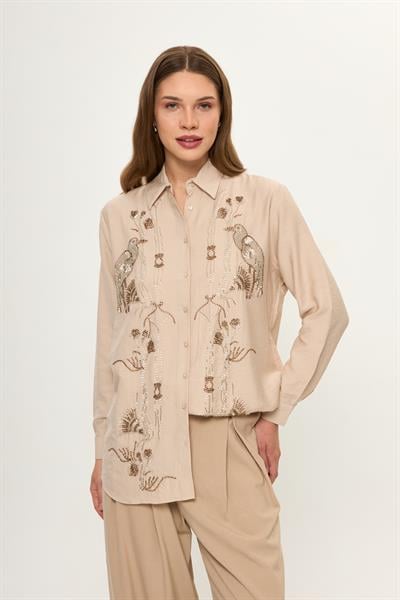 Kuş ve Çiçek Boncuk İşlemeli Oversize Gömlek
