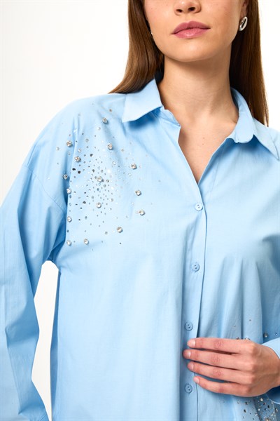 Önü ve Kolu Taşlı Poplin Gömlek