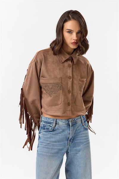 Püsküllü Nakışlı Süet Gömlek