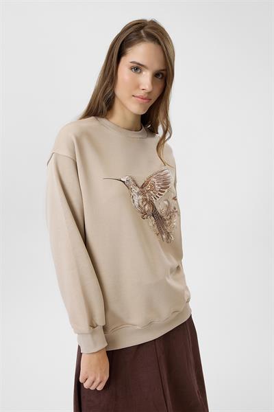 Kuş Baskılı Nakışlı Sweatshirt
