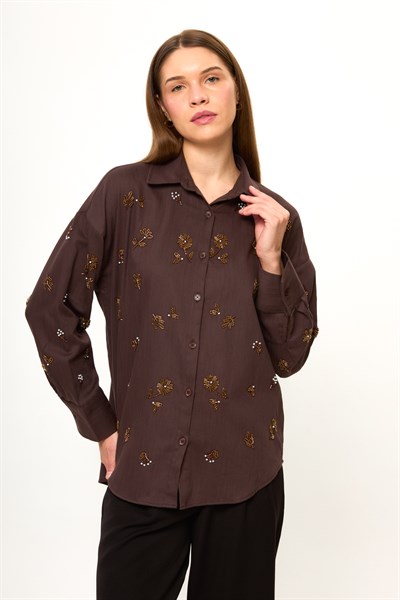 Boncuk İşlemeli Gabardin Gömlek