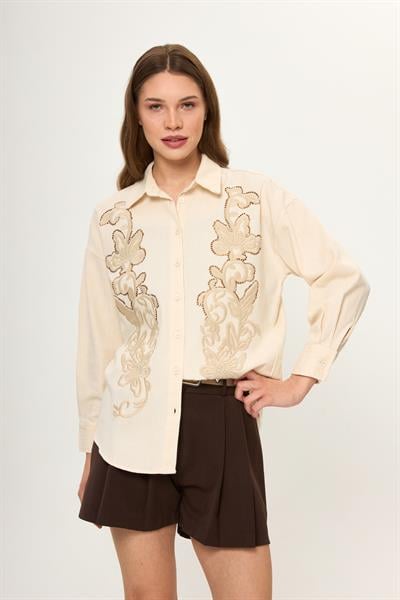 Bej %100 Pamuk Nakışlı Balıksırtı Desenli Kadın Gömlek