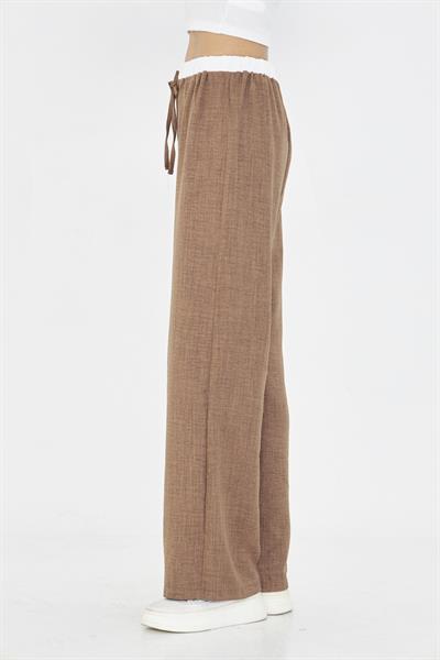 Beli Garnili Bağcıklı Bol Keten Görünümlü Pantolon