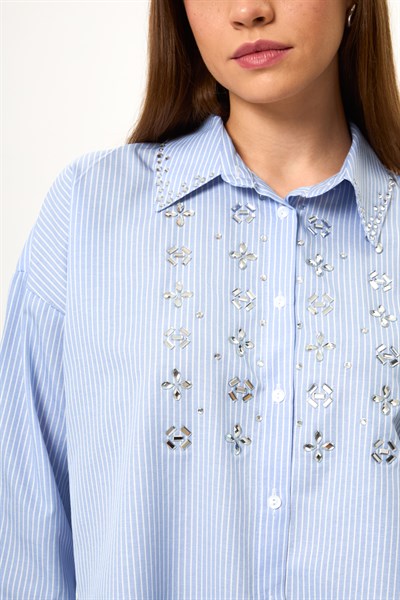 Taş İşlemeli Çizgili Gömlek