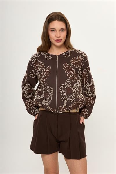 Kahve %100 Pamuk Nakış İşlemeli Kadın Bomber Ceket