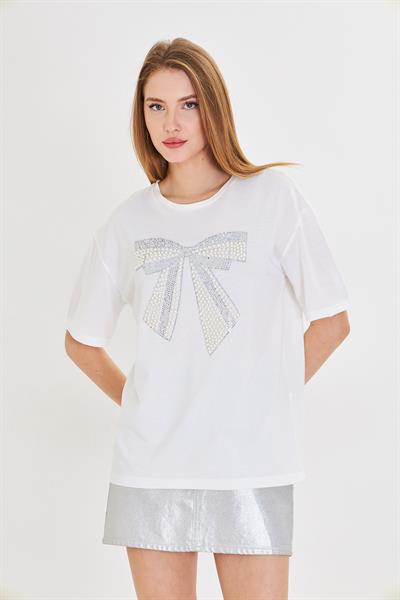 Fiyonk Baskılı Taşlı T-Shirt