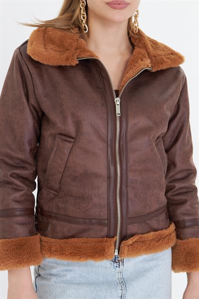 İçi Kürklü Fermuarlı Deri Mont 