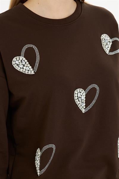 Kalpli Taş Baskılı Sweatshirt 