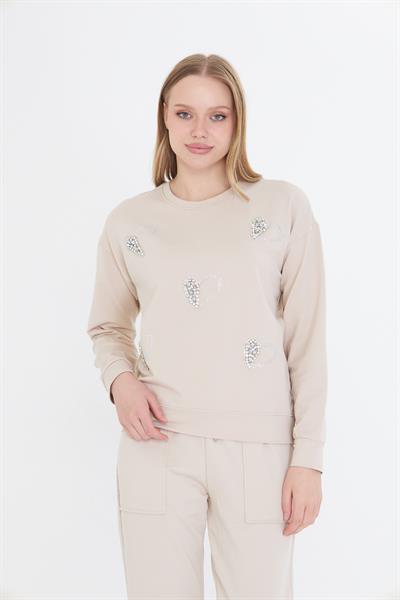 Kalpli Taş Baskılı Sweatshirt 