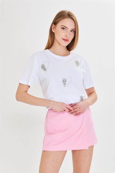 Kalpli Taş İşlemeli T-Shirt