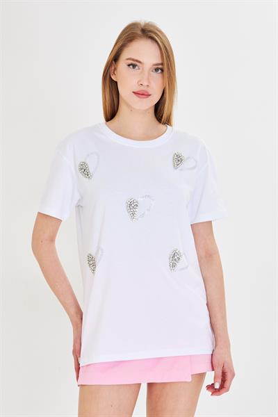 Kalpli Taş İşlemeli T-Shirt