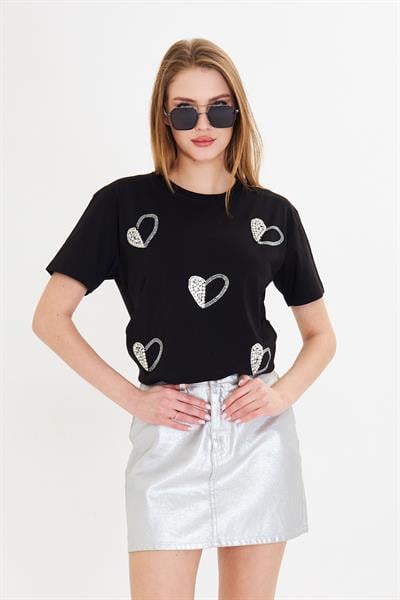 Kalpli Taş İşlemeli T-Shirt