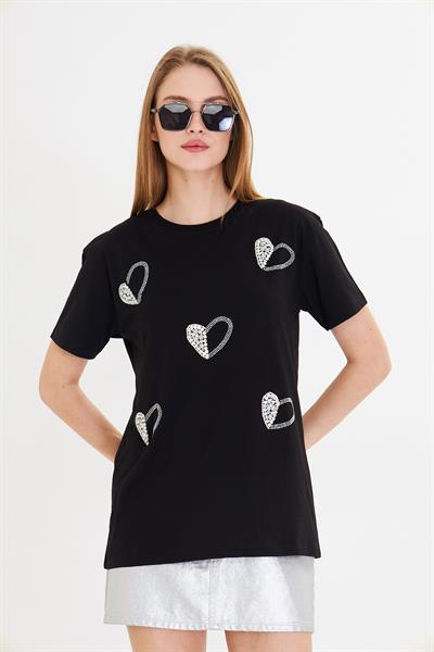 Kalpli Taş İşlemeli T-Shirt