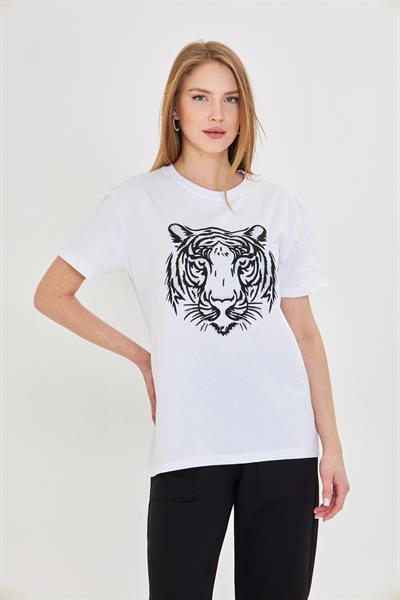 Kaplan Baskılı Taşlı T-Shirt