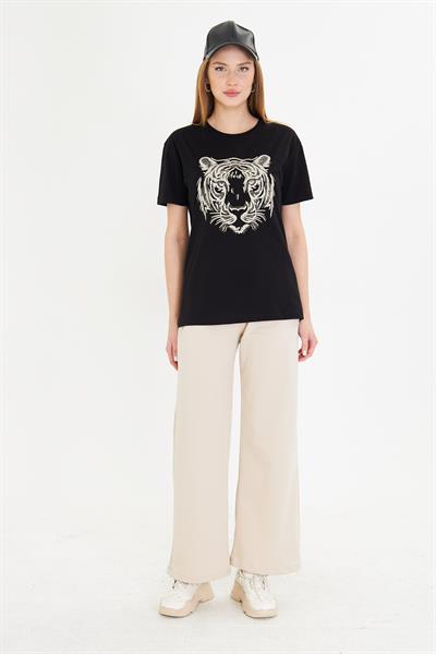 Kaplan Baskılı Taşlı T-Shirt