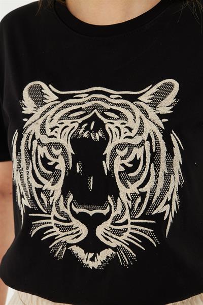 Kaplan Baskılı Taşlı T-Shirt