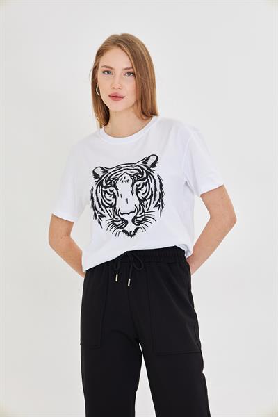 Kaplan Baskılı Taşlı T-Shirt