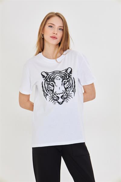 Kaplan Baskılı Taşlı T-Shirt