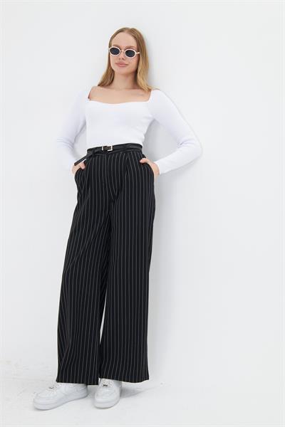 Kemerli Çizgili Poliviskon Pantolon 